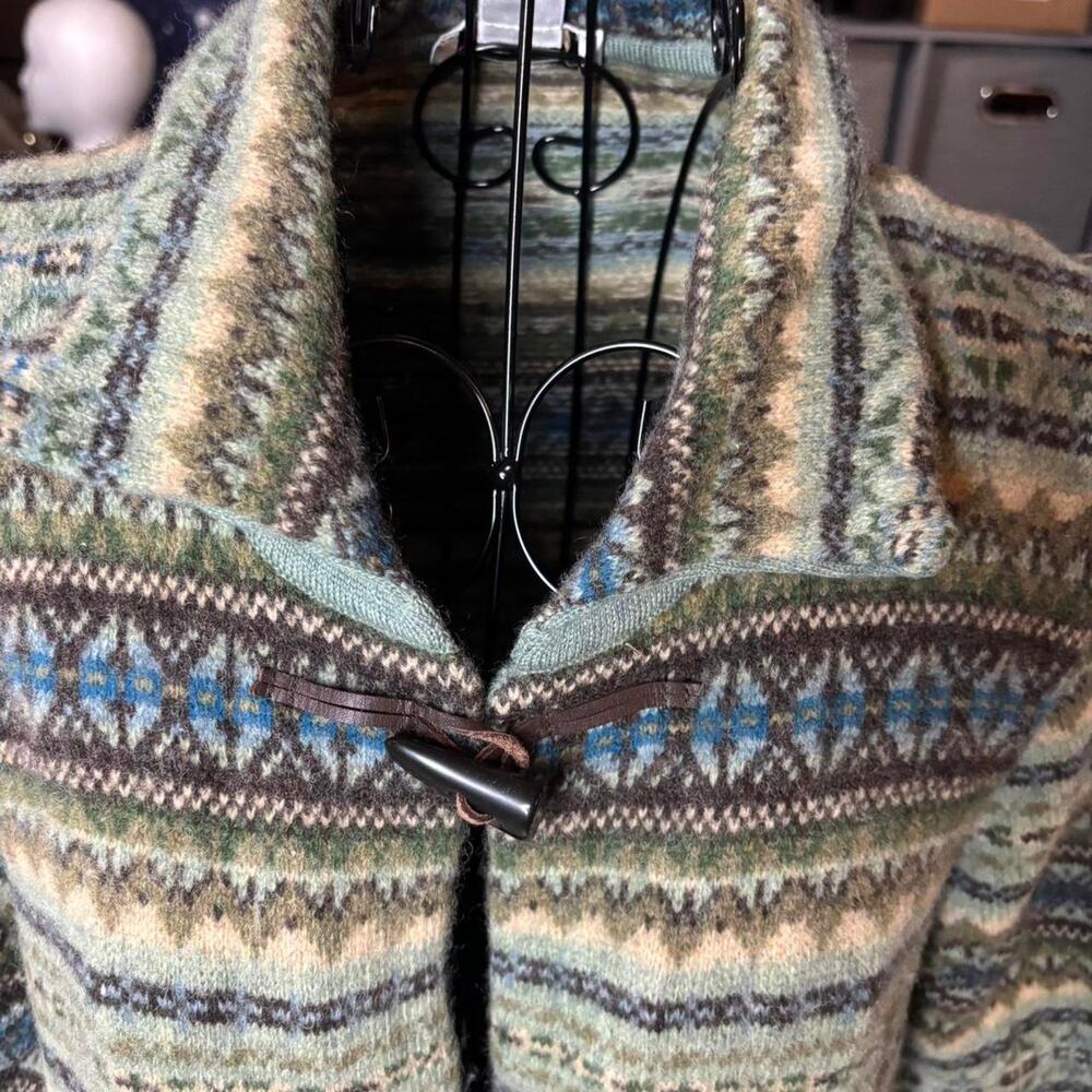 Talbots Fair Isle Toggle Coatigan Full Length Long Sweater Jacket Large Green - Picture 3 of 6